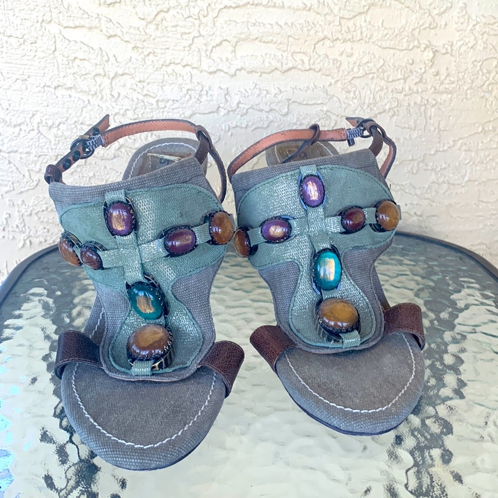 Leather jeweled green high heel sandal